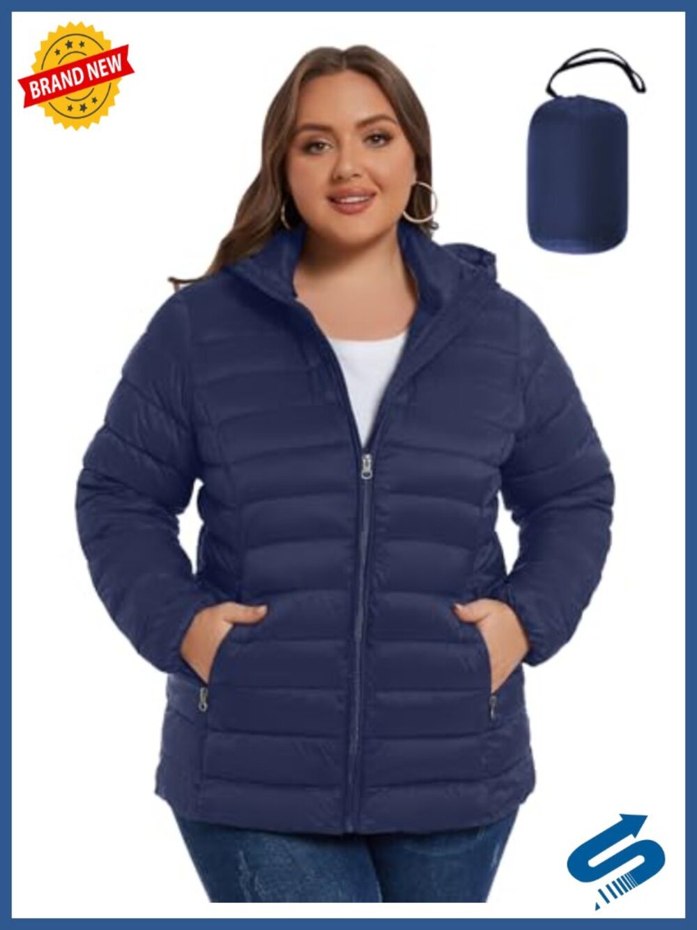 Plus Size Women's Puffer Jacket Hooded Quilted Zip Up